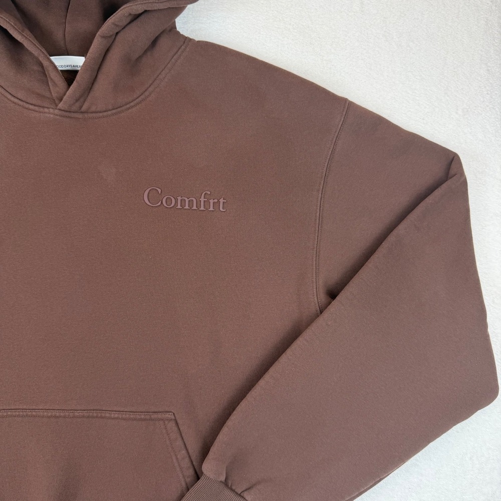 Comfrt Hoodie Chocolate Brown Heavyweight Fleece Pullover Mens L Puff Logo - Picture 4 of 15
